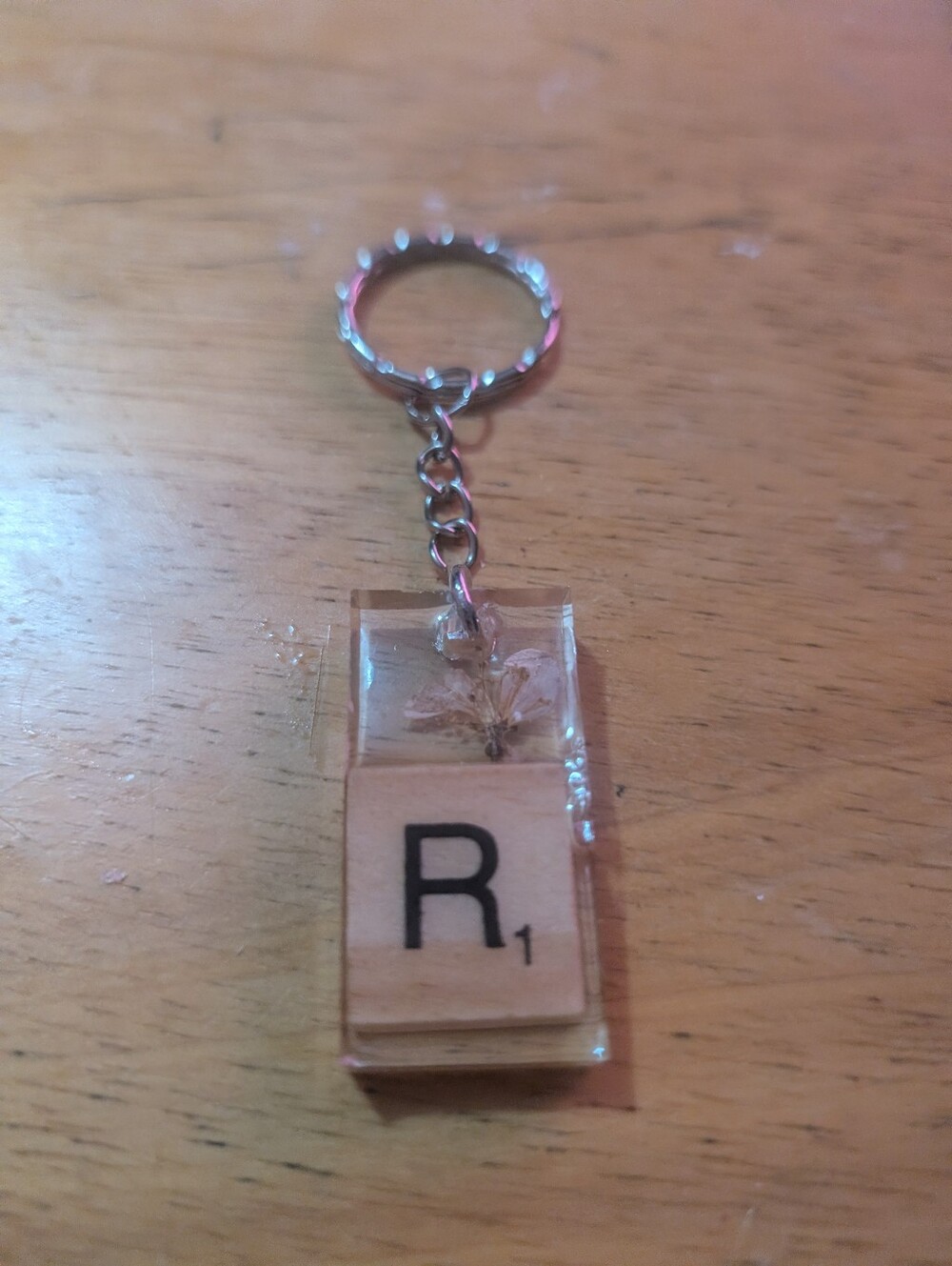 Handmade Clear Resin Keychain with Letter R Tile - Silver Chain